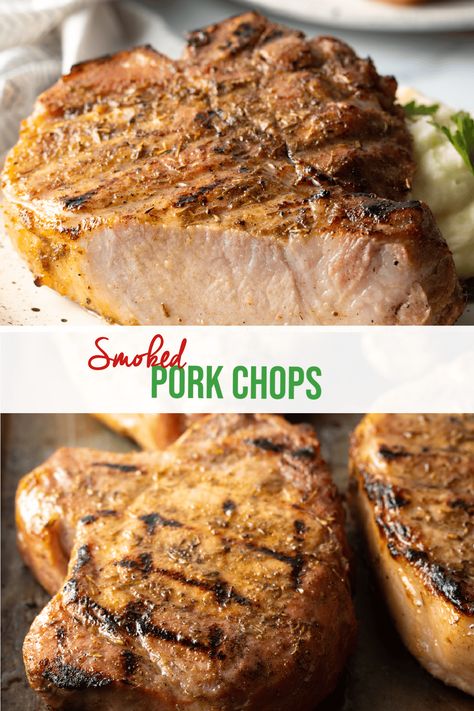 The Best Smoked Pork Chops Recipe - A simple yet flavorful brine is the key to smoking pork chops (bone-in or boneless!) to tender perfection, every time. This fabulously easy smoked pork chops recipe includes step-by-step instructions and top tips! | A Spicy Perspective Pellet Grill Pork Chops, Comfort Food Sides, Pork Chop Brine, Pork Chops Bone In, Traeger Cooking, Thick Cut Pork Chops, Smoked Pork Chops, Cooking Pork Chops, Barbeque Recipes