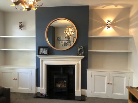 Painted custom made alcove cabinet and shelves Fitted Shelves Alcove, Alcove Lighting Living Room, Alcove Shelving Lighting, Alcove Wall Lights, Wall Alcove Ideas Living Room, Navy Chimney Wall, Alcove Lighting Ideas, In Built Shelves Living Room, Alcove Paint Ideas