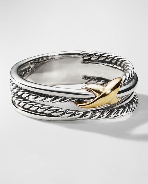 David Yurman X Crossover Ring in Silver with 18K Gold, 6mm | Neiman Marcus David Yurman Ring, Crossover Ring, David Yurman Jewelry, Gold And Silver Rings, Punk Jewelry, 18k Gold Jewelry, Sterling Silver Cuff, Girly Jewelry, David Yurman