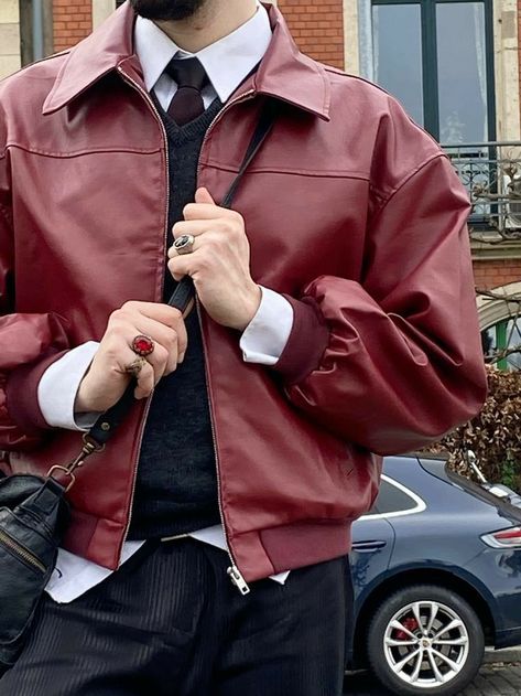 Male Red Outfit Aesthetic, Red Men Aesthetic, Red Leather Jacket Outfit Men, Men Winter Jacket Outfit, Man Red Outfit, Red Man Outfit, Red Outfits Male, Dark Red Outfit Men, Red Mens Outfits