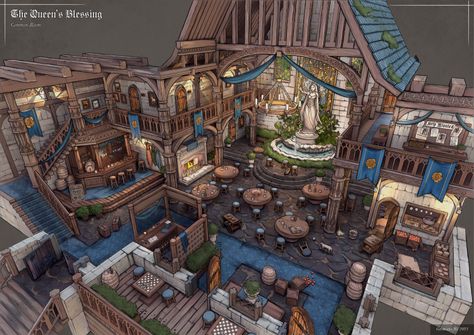 ArtStation - Queen's Blessing Common Room - Cutaway, Georgina Ng Feng Zhu Design, Interior Concept Art, Feng Zhu, Wheel Of Time, Fantasy Rooms, Isometric Art, Common Room, Fantasy House, Fantasy Setting