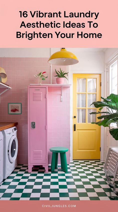 Transform your laundry room into a stylish haven with these 17 stunning aesthetic ideas. From minimalist layouts to bold color schemes, these tips will elevate your laundry space into a functional yet beautiful area that inspires joy in your daily chores. Playful Laundry Room, Fun Colorful Laundry Rooms, 70s Laundry Room, Bright Laundry Room Ideas, Colourful Laundry Room, Maximalist Laundry Room, Yellow Laundry Room Ideas, Happy Laundry Room, Colorful Laundry Room