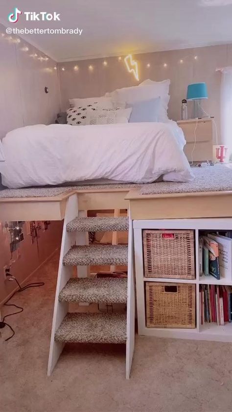 I Kea Bedroom Ideas, Platform Bed With Space Underneath, Platform Bed With Cube Storage, Raised Bed With Bookshelves, Cute Platform Bed Ideas, Full Size Bed Ideas Small Bedrooms, Regular Room Ideas, Raised Bed Inside Built In Wardrobe, Cool Small Bedrooms