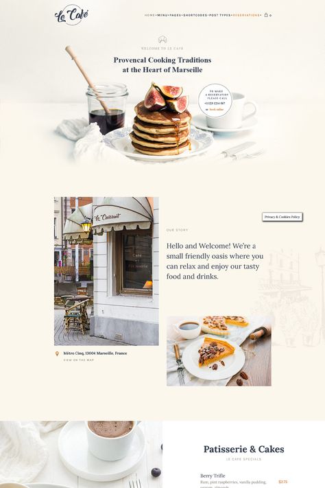 Le Cafe theme features a delicious design for bakery, cafe, bistro, patisserie websites. Bakery Website Design, Website Menu Design, Cafe Website Design, Cafe Theme, Cafe Website, Bakery Website, Cute Bakery, Ui Website, Website Menu