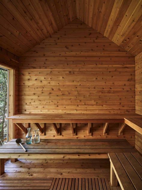 Bunkhouse getaway with barn-like design in rural New York Rustic Saunas, Beach House Getaway, Building A Sauna, Wood Sauna, Floor Panels, Cedar Bench, Sauna House, Structural Insulated Panels, Sauna Design