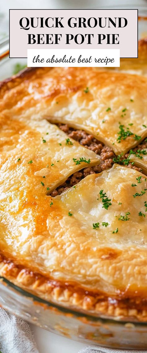 Image for Quick Ground Beef Pot Pie Pie Crust And Ground Beef, Savory Pot Pie, Beef Pot Pie Ground Beef, Meat Pie Ideas, Big Pot Dinners, Hamburg Pie Recipes, Pie Crust Ground Beef Recipes, Ground Beef Sunday Dinner, Savory Dinner Pie