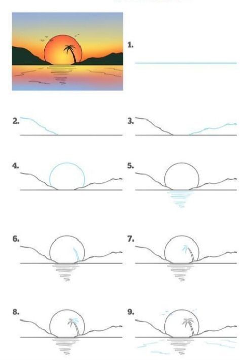 Sunset Ideas Drawing, Landscape Drawing Easy Step By Step, Art Sketches For Beginners Step By Step, Sunset Drawing Easy Step By Step, Simple Beach Scene Drawing, Easy To Draw Beach Scene, Drawing Ideas Easy Sunset, Sunset Water Drawing, How To Draw Sunset Step By Step