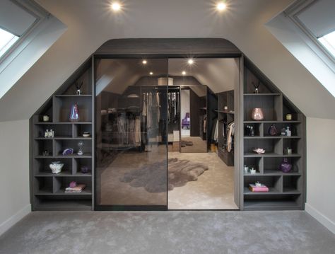 Loft Conversion Dressing Room, Wallpaper Wardrobe, Aesthetic Home Design, Loft Conversion Bedroom, Attic Wardrobe, Wardrobe Aesthetic, Attic Bedroom Designs, Attic Closet, Attic Design