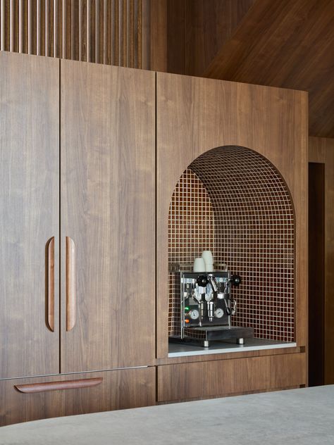 Kitchen Closeup | Vine Street by State of Kin | est living Timber Battens, Kitchen Island Bench, Walnut Timber, Est Living, Coffee Nook, Mid Century Modern Home, Stone Kitchen, Perth Australia, Character Home