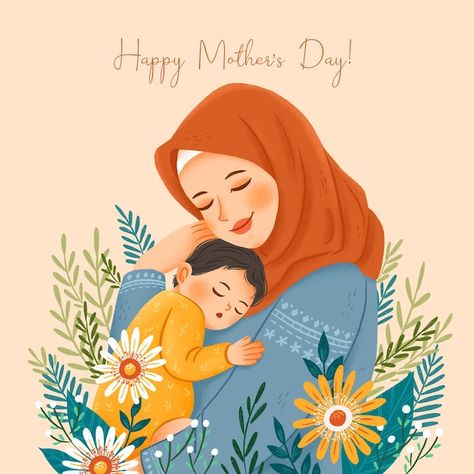 Poster On Mother's Day, Mother Illustration Art, Muslim Mom And Daughter, Mothers Day Poster Ideas, Mother's Day Painting Ideas, Happy Mother’s Day, Happy Mother Day Card, Mother's Day Post, Mothers Day Illustration