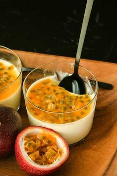 Passion Fruit Panna Cotta | Something New For Dinner Passion Fruit Pudding Recipe, Passion Fruit Panacotta, Passionfruit Recipes Healthy, Passionfruit Panna Cotta, Passion Fruit Desert, Passion Fruit Panna Cotta, Fruit Desert Ideas, Passion Fruit Pudding, Caramel Panna Cotta