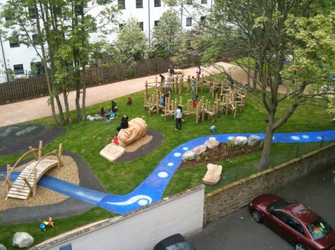 Pocket Park / In addition to the climbing structure, the blue "stream" provides drainage, preventing rainwater from pooling up in the playground. Climbing Structure, School Playground Equipment, Public Playground, Pocket Park, Urban Landscape Design, Children Park, School Playground, Children's Garden, Natural Playground