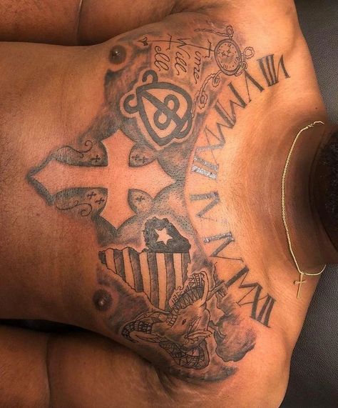 Andre Georgie II on Instagram: “Chest piece from last year I forgot to post 😩🐐🕶️ #chesttattoo #africa #elephanttattoo #clock #romannumeraltattoo #crosstattoo…” Cool Half Sleeve Tattoos, Roman Numeral Tattoos, Half Sleeve Tattoos, Elephant Tattoo, Chest Piece, Cross Tattoo, Half Sleeve Tattoo, Chest Tattoo, Half Sleeve