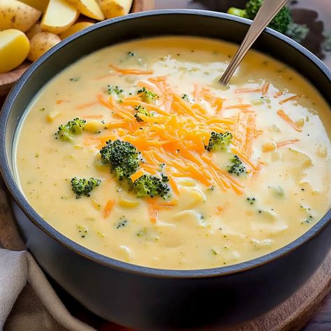 Cheddar Broccoli Potato Soup Recipe - sandyrecipes.com Cheesy Potato And Broccoli Soup, Cheddar Brocolli Potato Soup, Crockpot Potato Cheese Broccoli Soup, Potatoe Broccoli Cheddar Soup, Cheesy Potato Broccoli Soup, Crock Pot Potato Broccoli Cheddar Soup, Loaded Broccoli Potato Soup, Crockpot Potato Broccoli Cheddar Soup, Brocolli Potato Soup