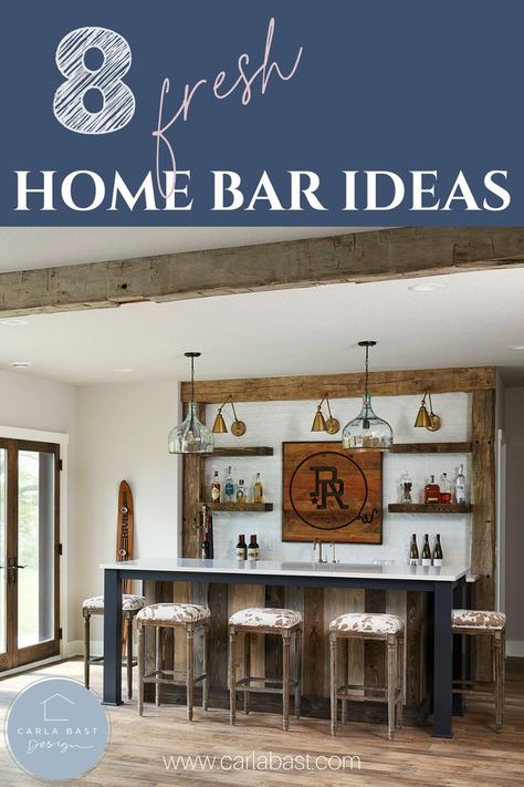 Home Bar Ideas, Bar Design, Basement Design Bar Ideas for Home, Basement Bar, Basement Bar Ideas, Wet Bar Ideas, Basement Bar Designs, Modern Farmhouse Design, Barnwood, Basement Design, wood beams, bar lights, bar sink, bar faucet, black bar, blue bar, white counters, subway tile, farm sink, home entertaining, family friendly, bar on a budget, DIY home bar ideas, Home bar DIY, Basement DIY, basement decor, kid friendly basement, basement wall color, paint colors for basement, best bar ideas Bars With Shiplap, Bar On Open Wall, Lake House Basement Bar, One Wall Bar Ideas, Family Room Bar Ideas Modern, Basement Bar Accent Wall, Basement Bar With Floating Shelves, Diy Wall Bar Ideas, Basement Bar With Window