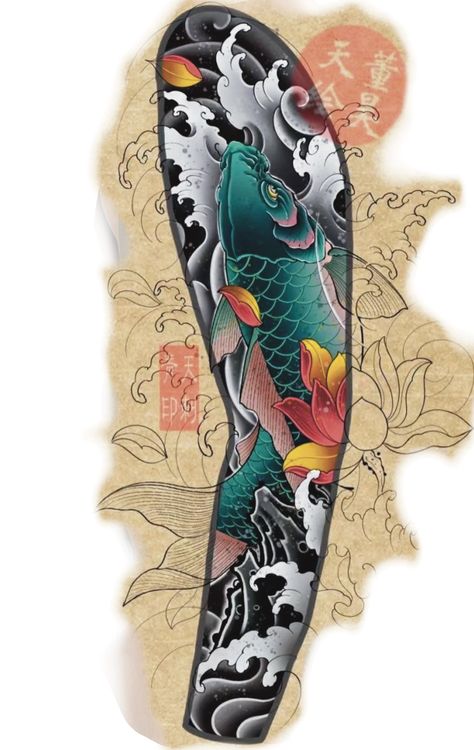 Koi Fish Sleeve Tattoo, Bushido Tattoo, Koi Dragon Tattoo, Foo Dog Tattoo Design, Japanese Koi Fish Tattoo, Koi Tattoo Sleeve, Dragon Tattoo Sketch, Tattoo Japanese Style, Koi Tattoo Design