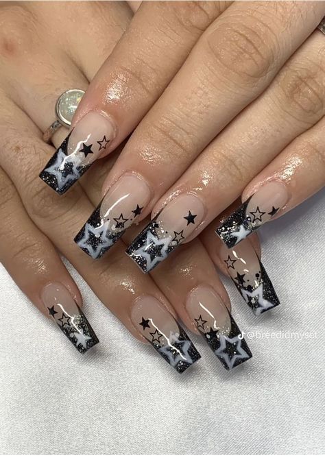 Black Acrylic Nails, Punk Nails, Goth Nails, Grunge Nails, Y2k Nails, Unique Acrylic Nails, Star Nails, Funky Nails, Pretty Acrylic Nails