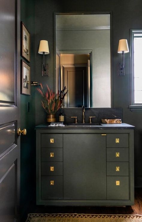 Moody Bathroom Design, Dark Wall Paint, Small Dark Bathroom, Zen Bathrooms, Moody Bathroom, Dark Green Bathrooms, Dark Bathroom Ideas, Dark Green Walls, Dark Bathrooms