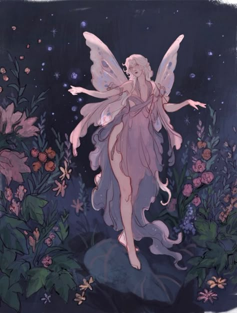 Fairy Drawings Colored, Popoponya Art, Fairy Beauty Aesthetic, Mystical Fairy Art, Faeries Art, Fairy Oc Art, Fairytale Art Illustration, Fae Fantasy Art, Fairy Character Design