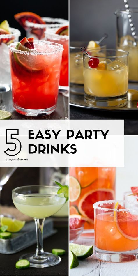 Be the best hostess in town when you serve one of these 5 Easy party Drinks! The best batch cocktails to make at home! Easy Party Drinks, Happy Hour Appetizers, Batch Cocktail Recipe, Easy Drinks To Make, Cocktails To Make At Home, Fun Party Drinks, Drinks To Make, Batch Cocktails, Gin Drinks