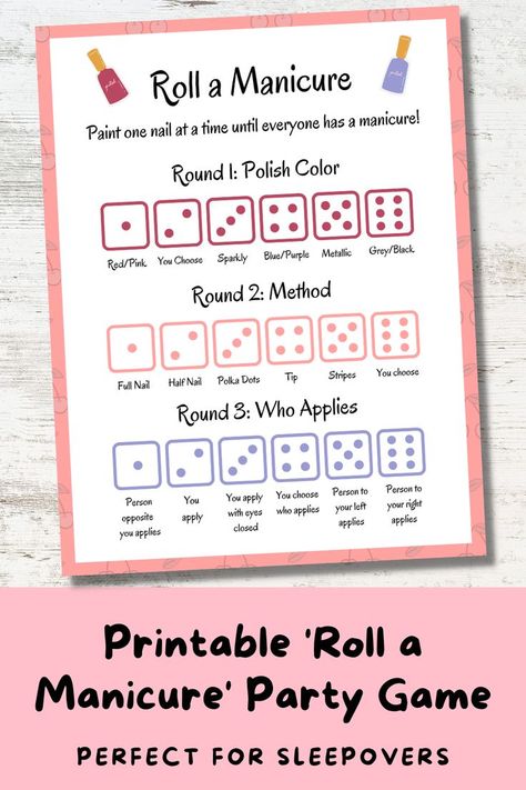 Nail Polish Games Slumber Parties, Sweet 16 Sleepover Ideas Party Games, Spin The Nail Polish Game Printable, Spin The Bottle Nail Polish Game, Slumber Party Birthday Games, Pamper Party Games, Nail Polish Party Ideas, Spa Birthday Party Activities, Indoor Party Games For Teens