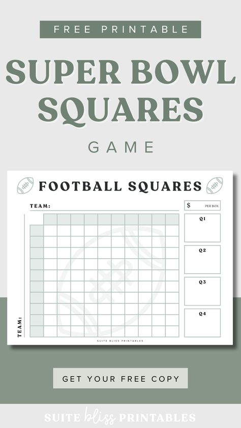 Get your Free Printable Super Bowl Squares Game! Football Squares is the best way to bring even more excitement to game day and make incredible memories with all your favorite people. So, get your friends and family over, place your bets, and let the games begin with this free printable football squares pdf/super bowl squares template! #footballsquares #superbowlsquares Free Football Squares Template, Superbowl Squares Fundraiser, Super Bowl Bets, Super Bowl Printables Free, Super Bowl Pool Template Squares, Free Printable Superbowl Squares, Printable Football Squares, Super Bowl Squares Printable, Super Bowl Squares Fundraiser