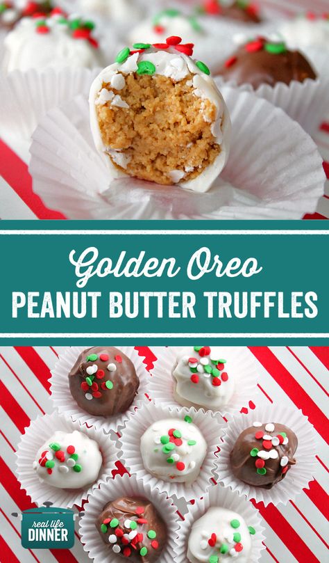 Look out Oreo Cream Cheese Truffles. There's a new girl in town. Golden Oreo Peanut Butter Truffle is going to rock your world and steal your boyfriend. :) Seriously though! WOW! These are good. Where you been all my life sugar. Recipe only has three ingredients. Perfect for Christmas time. Where my Peanut Butter Lovers at? ~ https://reallifedinner.com Cream Cheese Truffles, Oreo Peanut Butter, Oreo Cream Cheese, Truffles Recipes, Holiday Truffles, Cheese Truffles, Oreo Truffles Recipe, Christmas Truffles, Dessert Truffles