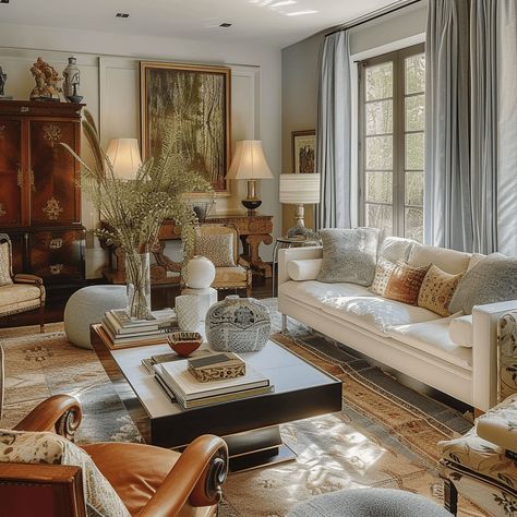 2024 Home Decor Trends That are Also Timeless and Classic 17 Classic Living Room Decor Traditional, Home Decor 2024, Traditional Interior Design Style, Traditional Modern Home Decor, Vintage Contemporary Decor, 2024 Home Decor Trends, Classic Style Living Room, Timeless Decorating, Maximalist Minimalist