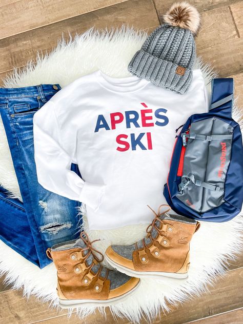 Sorel Boots | Winter Outfit Apres Ski Sweatshirt, Ski Trends, Apres Ski Outfit, Ski Graphic, Apres Ski Sweater, Team Snacks, Apres Ski Outfits, Sorel Explorer, Ski Brands