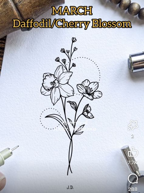 Cherry Blossom And Daffodils Tattoo, Daffodil And Cherry Blossom Tattoo, Daffodils Tattoo, 8 Tattoo, Western Tattoos, Blossom Tattoo, Cherry Blossom Tattoo, Dog Tattoos, Flower Tattoos