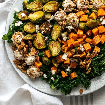 Quick Clean Eating Recipes, Winter Kale Salad, Kale Sweet Potato Salad, Sprouting Sweet Potatoes, Broccoli Cheese Casserole, Sweet Potato Kale, Sprouts Salad, Hearty Salads, Brussel Sprout Salad