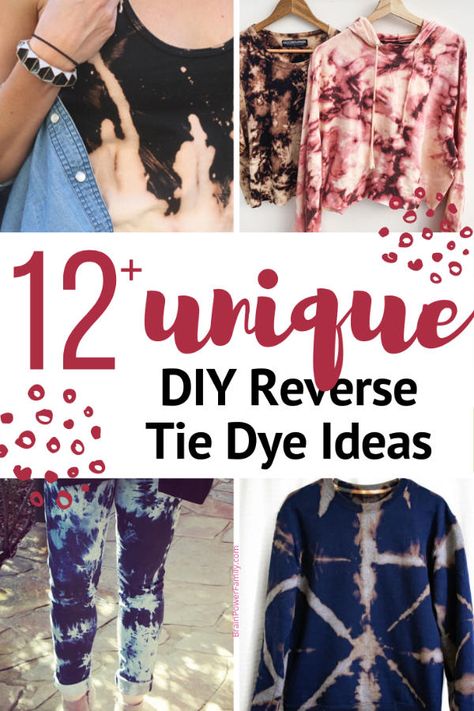 Unique Reverse Tie Dye Ideas showing sweatshirts, dress and jeans Bleach Dyed Sweatshirt, Family Tie Dye Shirts, Reverse Tie Dye Designs, Reverse Tie Dye With Bleach And Ice, Reverse Bleach Tie Dye, Reverse Tie Dye Sweatshirt, Bleach Tie Dye Techniques, Reverse Dye With Bleach, Diy Reverse Tie Dye Bleach