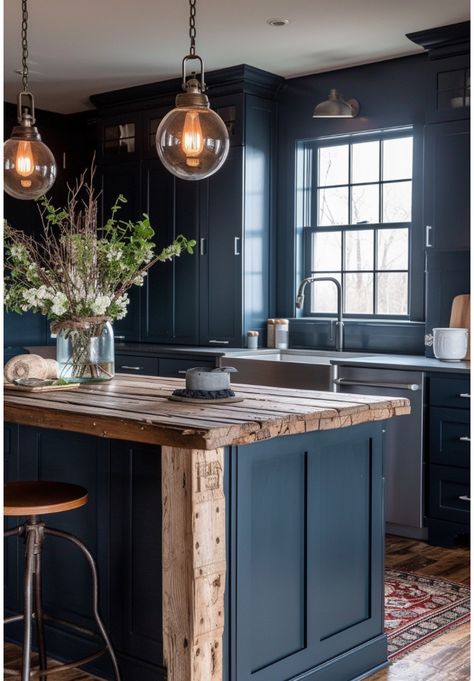 Pendant Lights In Dark Kitchen, Dark Blue Green Kitchen Cabinets, Deep Blue Cabinets Kitchen, Wood And Blue Kitchen, Dark Blue Cabinets Kitchen, Dark Blue Kitchen Island, Blue Rustic Kitchen, Dark Shaker Kitchen, Blue Island Kitchen