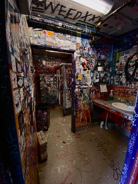 the bathroom of the che cafe in san diego :0 so cool. tags: alternative bathroom, alternative room, edgy room inspo, room inspo edgy, dark edgy room, graffiti room, graffiti bathroom Edgy Room Aesthetic, Venue Bathroom, Room Inspo Graffiti, Grunge Bathroom Aesthetic, Edgy Bathroom, Room Graffiti, Club Bathroom, Graffiti Bathroom, Punk Bathroom