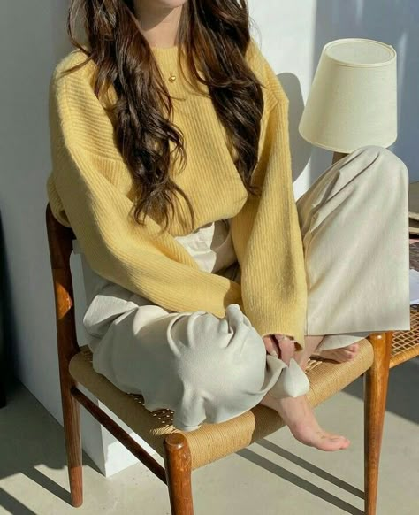 Light Yellow Outfit Aesthetic, Pastel Yellow Aesthetic Outfit, Yellow Academia Outfit, Korean Yellow Outfit, Yellow Sweater Outfit Aesthetic, Yellow And Khaki Outfit, Yellow Crewneck Outfit, Yellow Pullover Outfit, Pastel Yellow Outfits