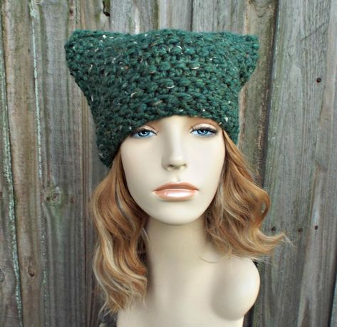 Womens Crochet Hat with Ears, Cat Hat, Womens Hat, Warm Winter Hat, Thermal Crochet Beanie in Kale Green, Pussyhat, Ready To Ship Crochet Square Top, Crochet Hat Cat, Thermal Crochet, Chunky Crochet Hat, Green Beanie, Crochet Hood, Crochet Hat For Women, Chunky Hat, Green Cat