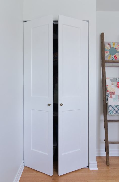 Bifold Door Linen Closet, Folding Doors Ideas Closet, Closet Door Opening Ideas, Closet French Door Ideas, French Doors On Closet, How To Make Bifold Doors Into One Door, How To Change Bifold Door To French Door, Closet Door Open Out, Laundry Double Doors