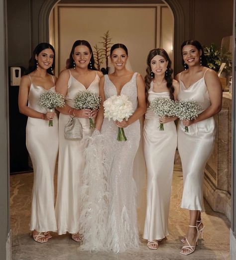 Black Tie Wedding Decor, Demetrios Wedding Dress, Silk Bridesmaid Dresses, Bridal Party Outfit, White Bridesmaid, Wedding Album Design, All White Wedding, White Bridesmaid Dresses, Bridesmaid Style