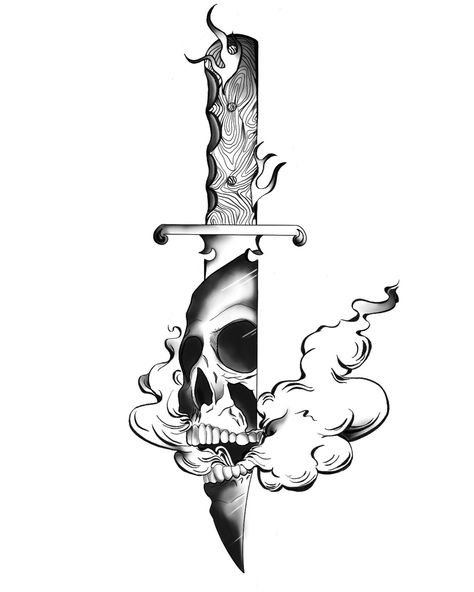 Knife And Skull Tattoo, Knife Through Skull Tattoo, Knife Tattoo Ideas For Men, Skull Knife Drawing, Knife With Face Tattoo, Skull With Knife Tattoo, Knife Hand Tattoo, Tattoo Ideas Knife, Skull Knife Tattoo