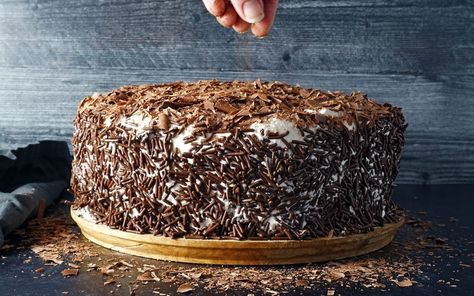 Dacquoise Cake, Cake Black Forest, Black Forest Cake Recipe, Muffin Cake, Black Forest Cake, Forest Cake, Famous Black, Chocolate Shavings, Pastry Shop