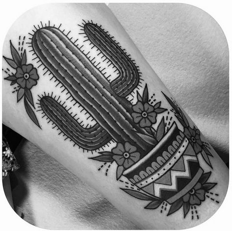 Traditional Cacti Tattoo, Cactus In Pot Tattoo, Traditional Plant Pot Tattoo, Traditional Cactus Tattoo Black, Realistic Cactus Tattoo, Black And White Cactus Tattoo, American Traditional Cactus Tattoo, Cactus Skull Tattoo, Mexican Inspired Tattoos For Women