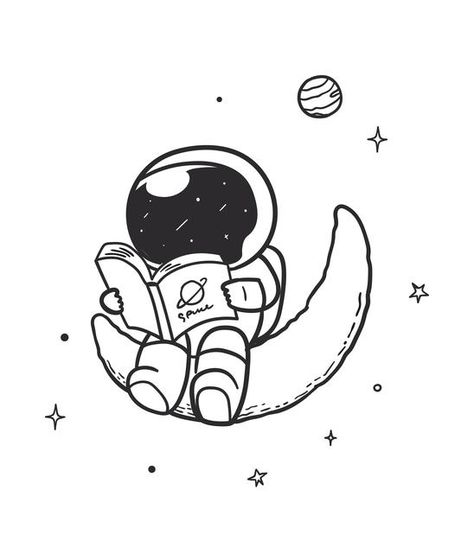 Drawing Related To Space, Solar System Cartoon Drawing, Tiny Astronaut Drawing, Easy Drawings With Steps, Line Art Astronaut, Cute Astronaut Drawing Easy, Drawing Ideas Space Theme, Astraunaut Drawings, Simple Astronaut Drawing Easy