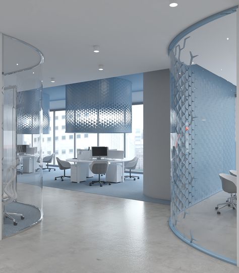 tawuniya office :: Behance Futuristic Meeting Room, Open Working Space, Office Design Reception, Design Reception Desk, Reception Interior Design, Parametric Pattern, Reception Interior, Interior Design Blue, Office Design Interior