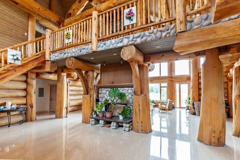 Post And Beam Interiors, Log Staircase, Post And Beam Cabin, Log Home Builders, Rustic Houses, Large Porch, Cabin Style Homes, Log Wall, Cedar Log