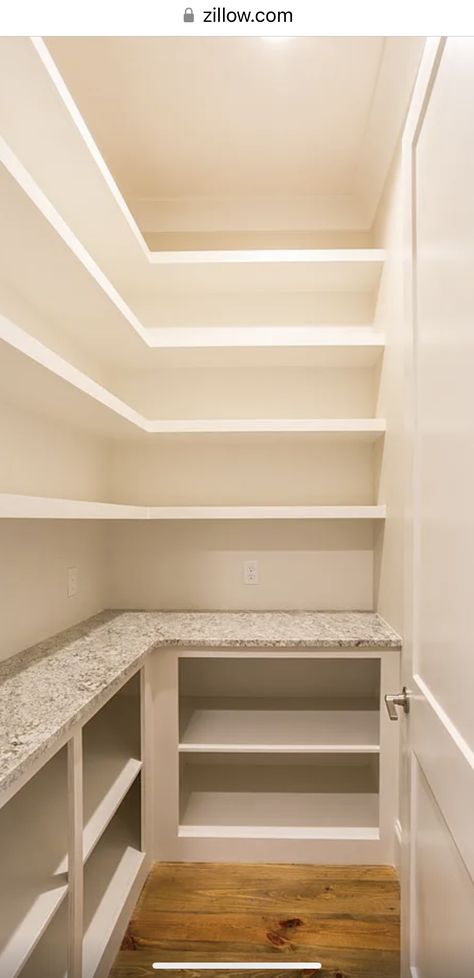 Small Walk In Pantry With Microwave, Small L Shaped Butlers Pantry, Pantry Design With Wallpaper, Pantry Layout Dimensions, Narrow Long Pantry Ideas, Pantry With Small Fridge, Built In Shelves Pantry, Wooden Shelf Pantry, Pantry Design L Shape