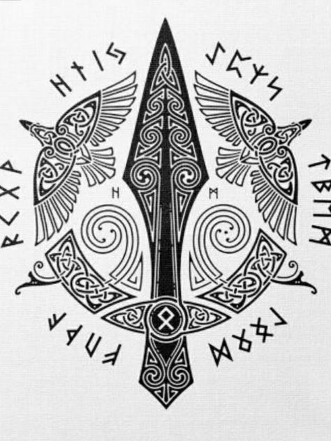 Gungnir Tattoo Design, Euro Tattoo, Knotwork Tattoo, Odin's Ravens Tattoo, Runes Tattoo, Traditional Viking Tattoos, Odin Symbol, Celtic Coloring, Norse Mythology Tattoo