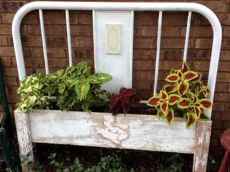 Repurposed Iron Headboard, Headboard Planter Ideas, Iron Headboard Garden Ideas, Headboard Garden Ideas, Yard Benches, Container Gardening Ideas, Iron Headboard, Old Bed Frames, Backyard Bee