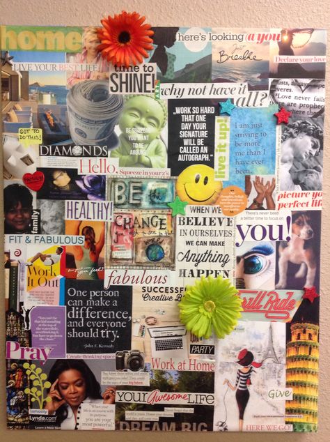 Magazine Vision Board Examples, Magazine Collage Vision Board, Vision Board Ideas Magazine, Magazine Vision Board Ideas, Bulletin Board Vision Board, Vision Poster Board, Vision Board Poster Examples, Vision Board Magazine Cutouts, Vision Board On Poster Board