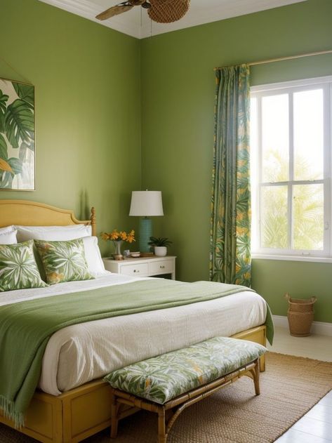 Create a fresh and vibrant bedroom aesthetic by incorporating a tropical twist. Paint the walls a soothing shade of green, and accessorize with pops of orange through pillows, curtains, and artwork. Complete the look with rattan furniture and leafy plants for a harmonious and nature-inspired feel. Master Bedrooms Decor Green, Green Orange Bedroom, Orange Bedroom Ideas, Vibrant Bedroom, Green Bedroom Decor, Orange Bedroom, Best Modern House Design, Leafy Plants, Tropical Twist