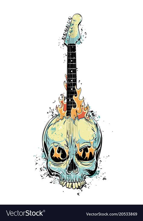 Rock Music Art Ideas, Skull Guitar Drawing, Rock Music Art Drawing, Rock Guitar Drawing, Electric Guitar Drawing Sketches, Rock And Roll Drawings, Guitar Illustration Drawing, Guitar Drawing Art, Rock And Roll Illustration